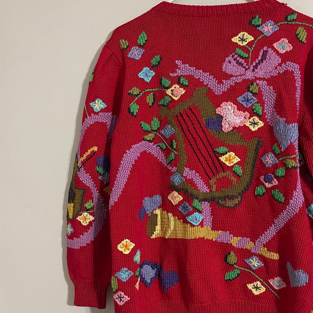 Vintage Berek Bergdorf Goodman red knit whimsical grandmacore cardigan sweater M - Picture 7 of 9